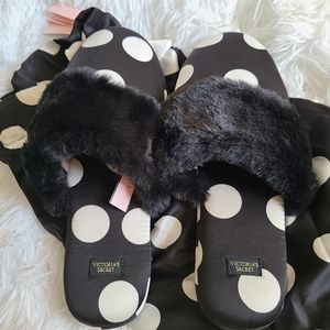 NEW with Tag Victoria Secret Black and White Polka dot satin slippers.  
